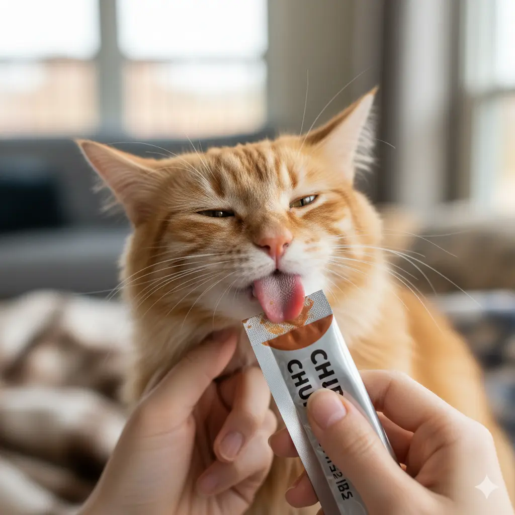 Cat licking Inaba Churu treat from owner’s hand
