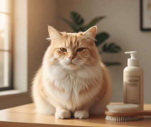 Fluffy cat with shiny healthy coat after grooming cat hair growth
