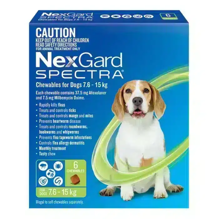 NexGard Spectra Medium Dog 7.6kg and 15kg (Green) 6 Pack