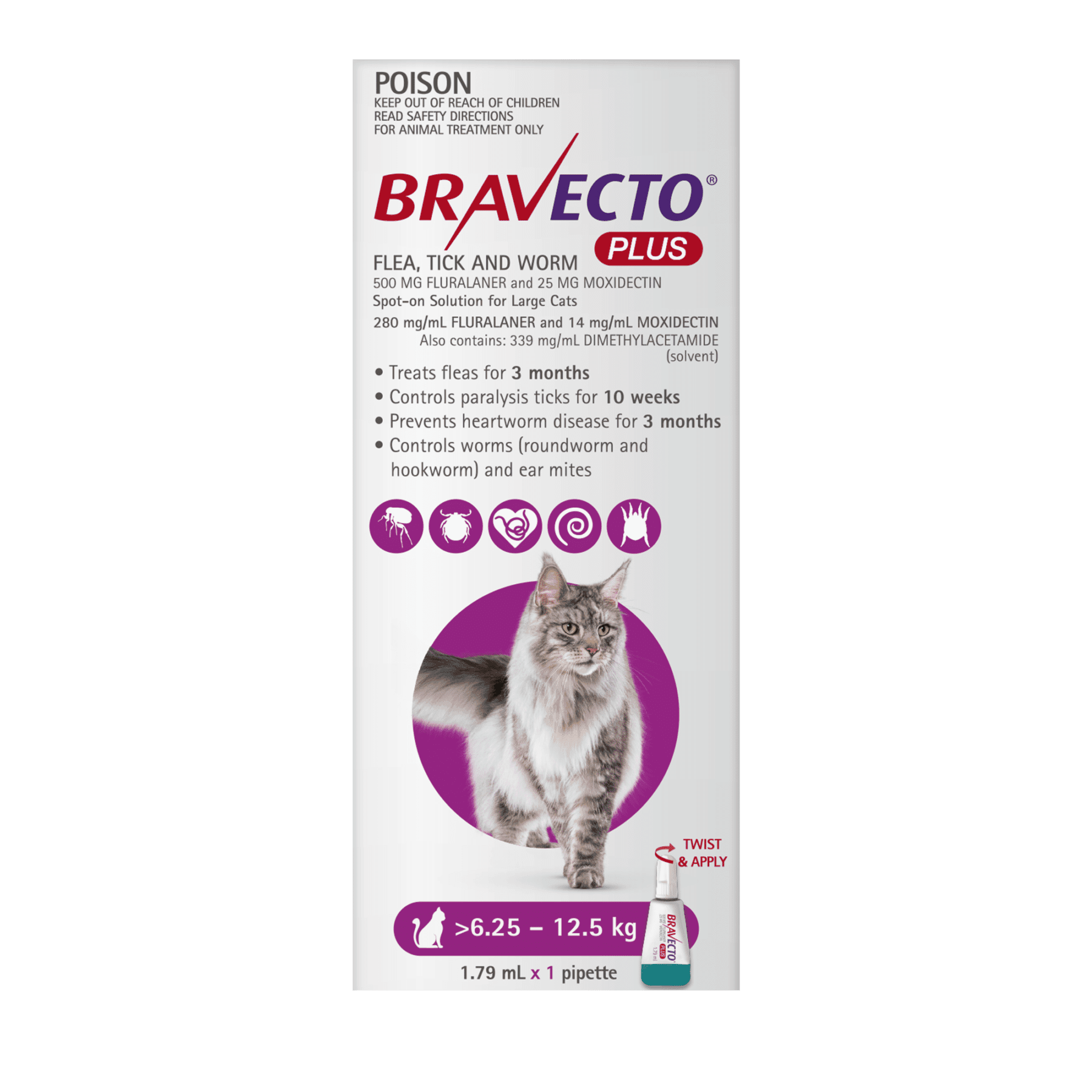 Bravecto Plus For Large Cats 6.5Kg - 12.5Kg (Purple) One