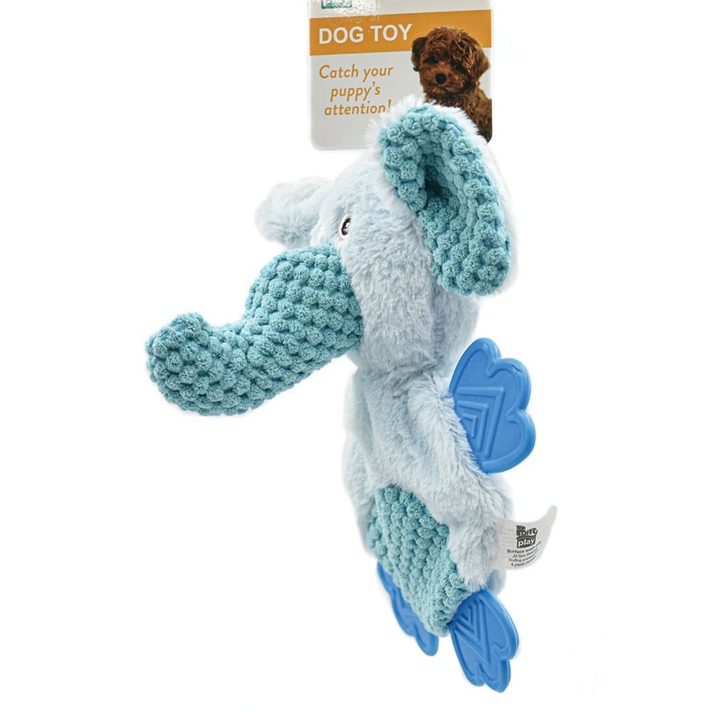 PuppyPlay Crinkle Teether Puppy Teether Small Dog Toy - Blue Elephant 20cm